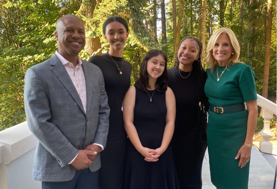 The students pictured from left to right are Eden Pawlos, Avi Spillers, Madison Cole, pictured with First Lady Dr. Jill Biden and their violin instructor Dr. Quinton Morris.